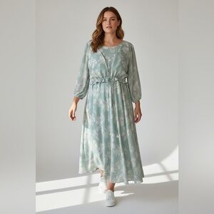 Silk & Saffron Sage Floral Balloon Sleeve CottageCore Dress Size XL